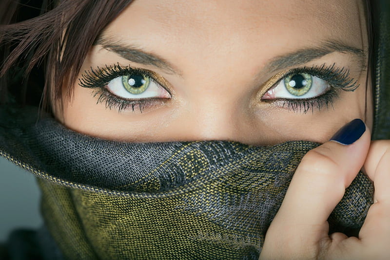 Her Eyes, green, model, scarf, eyes, woman, HD wallpaper
