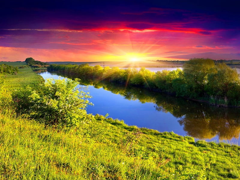 River sunrise, colorful, glow, sun, grass, shine, bonito, sunset, river, sunrise, morning, reflection, amazing, colors, sky, water, rays, meadow, landscape, HD wallpaper