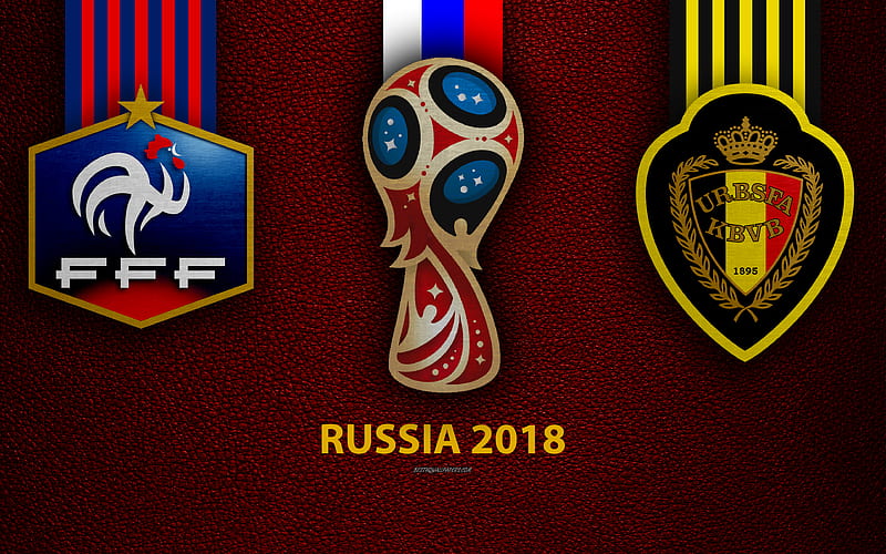 France vs Belgium, Semifinal, Round 4 leather texture, logo, 2018 FIFA World Cup, Russia 2018, July 10, football match, creative art, national football teams, HD wallpaper