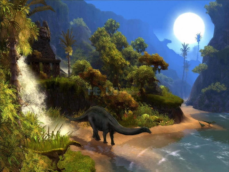 Prehistoric paradise, art, tree, moon, painting, river, dinosaur, HD wallpaper
