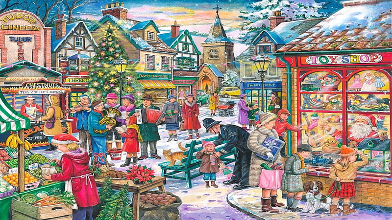 The Toy Shop, musicians, shop, tree, christmas, snow, church, toys, market, HD wallpaper