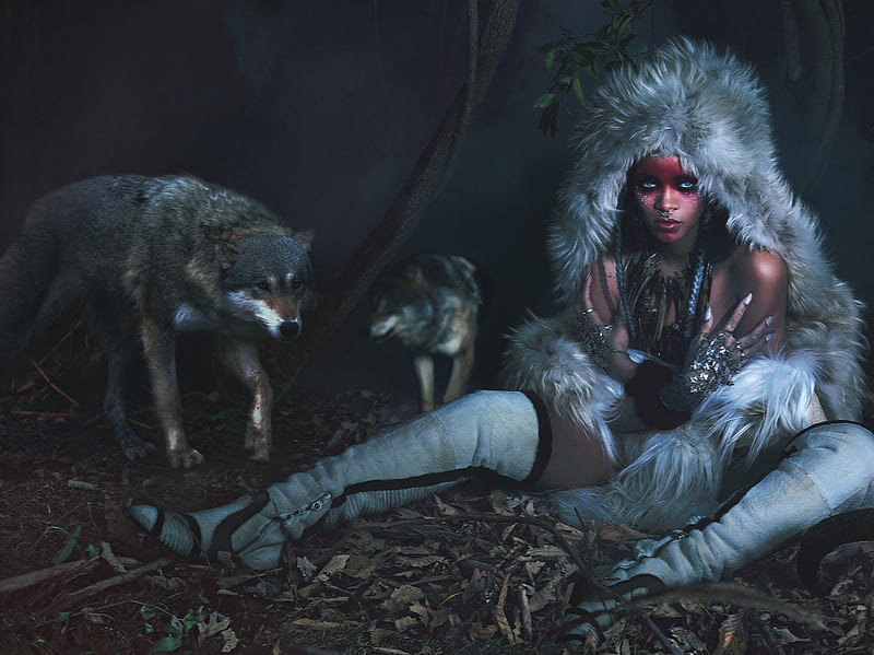 Rihanna, hood, forest, artist, woman, singer, animal, girl, wolf, fur, HD wallpaper