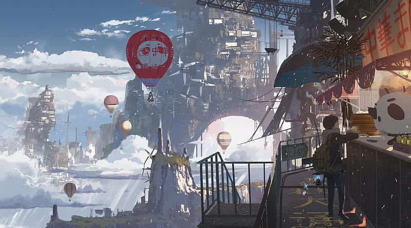 anime boy, fantasy world, floating city, sky city, Anime, HD wallpaper