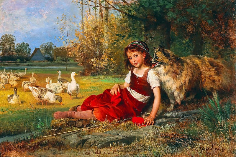 Goose Shepherdess by Anton Heinrich Dieffenbach, duck, art, bird, rural life, goose, girl, little, dig, painting, red, pictura, shepherdess, countryside, caine, HD wallpaper