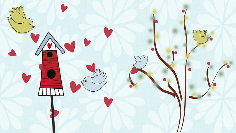 Four Little Birds, cute, bird house, birds, flowers, firefox persona, trees, corazones, abstract, HD wallpaper