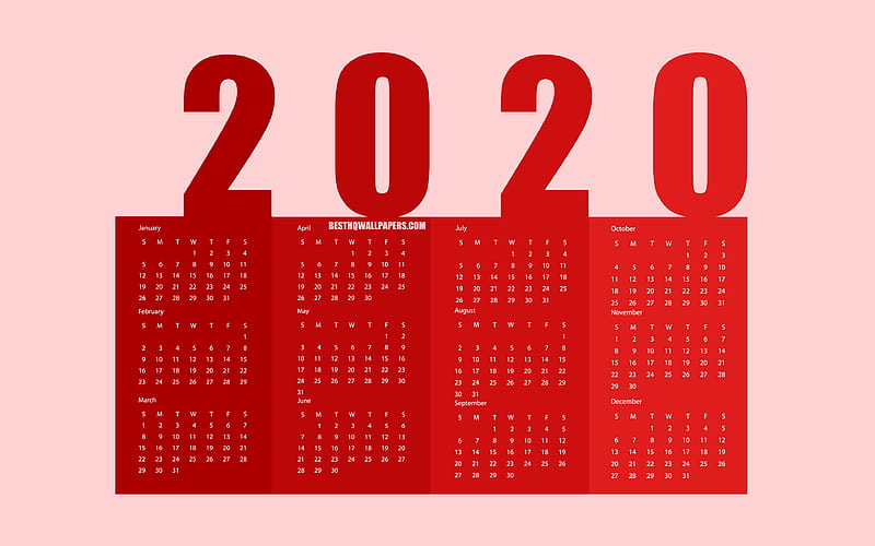 Red 2020 Paper Calendar, 2020 bookmarks calendar, all months, red background, 2020 concepts, 2020 calendar, HD wallpaper