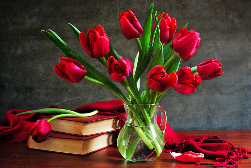 still life, red, scarves, red tulips, books, vase, bonito, graphy, nice, flowers, beauty, tulips, tulip, gorgeous, harmony, cut spring, water, cool, bouquet, flower, scarf, nature, kettle, stillife, HD wallpaper