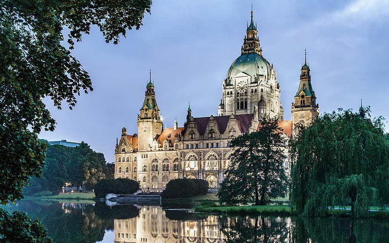 Neues Rathaus, Hannover, New Town Hall, evening, lake, sunset, beautiful castle, German castles, Germany, HD wallpaper