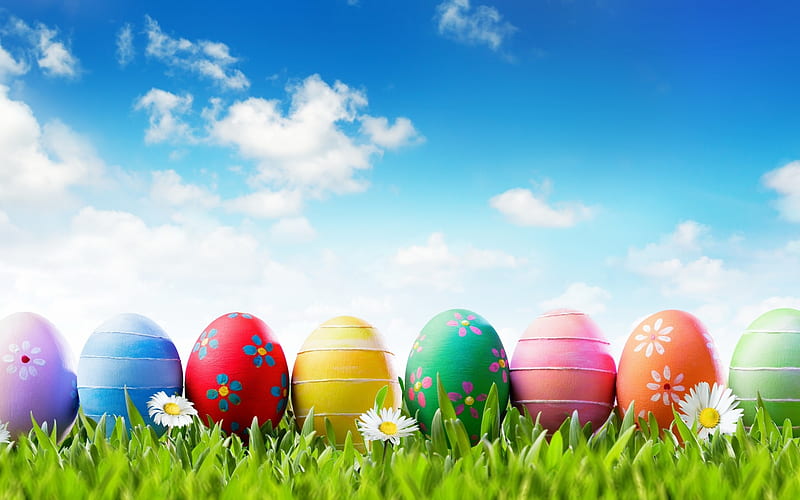 Happy Easter!, egg, Easter eggs, grass, flowers, easter, clouds, sky ...