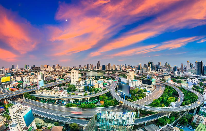 Cities, Sunset, City, Building, Road, Bridge, Megapolis, Cityscape, Thailand, Highway, Bangkok, HD wallpaper