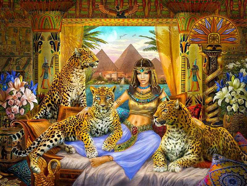 Leopard Queen, fantasy, girl, queen, digital, woman, egypt, art, leopard, pretty, HD wallpaper