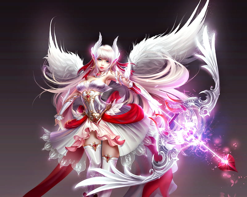 Aphrodite, red, wings, luminos, angel, game, arrow, cute, fantasy, girl, feather, beauty, archer, white, league of angels, pink, HD wallpaper