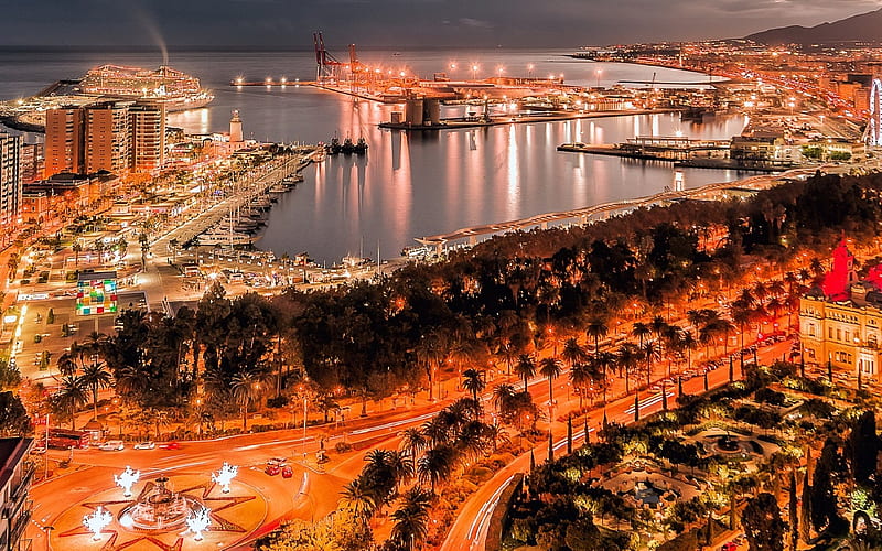 Malaga, harbour, skyline, night, Spain, HD wallpaper