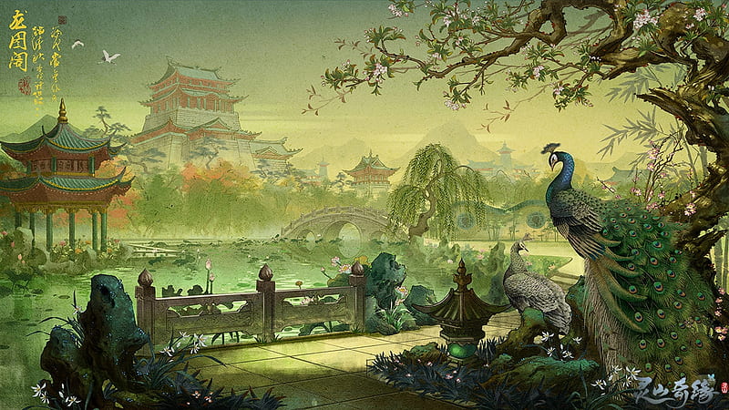 bird, green, pasari, jun zhang, art, world, frumusete, luminos, peacock, fantasy, paun, HD wallpaper