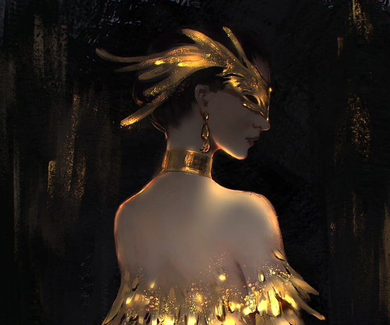 Golden wings, art, olga petuhova, wings, girl, golden, yellow, black, mask, fantasy, HD wallpaper