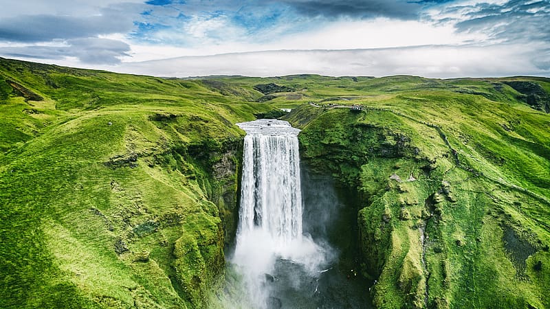 Skogafoss Waterfall Green Grass Iceland Bing, HD wallpaper