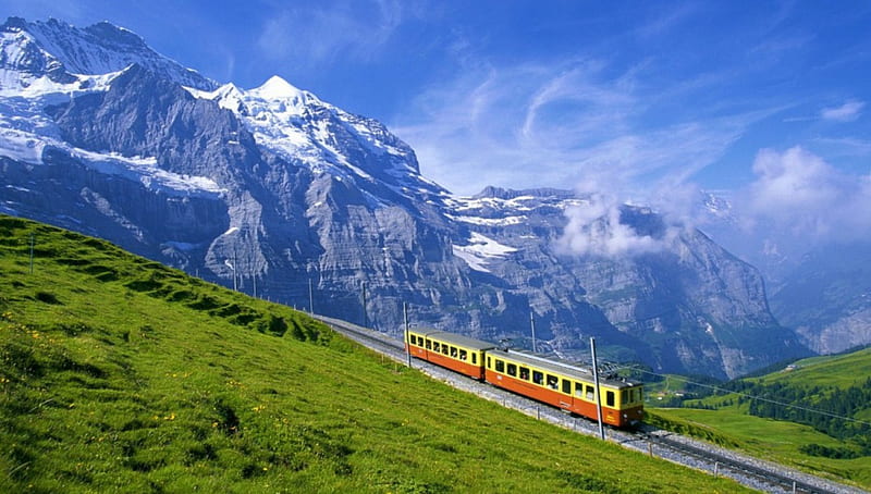 Train between the mountains, nature, great, train, mountains, HD wallpaper
