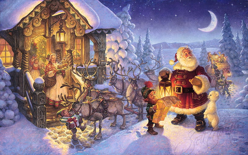 Santa at the north pole, stars, imps, moon, christmas, snow, trees, reindeers, night, painting, HD wallpaper