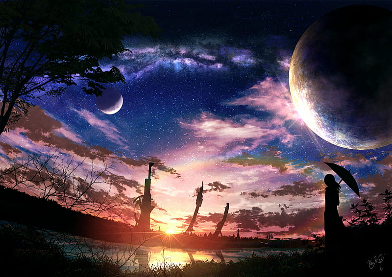 anime landscape, planets, sunset, stars, anime girl, silhouette, scenery, HD wallpaper