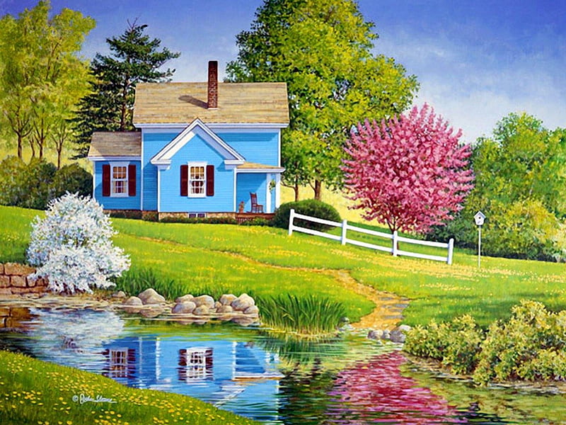 Spring magic, pretty, colorful, house, grass, cottage painting, path, flowers, reflection, art, calmness, lovely, spring, country, sky, trees, lake, freshness, pond, water, serenity, peaceful, blossoms, flowering, nature, blooming, HD wallpaper