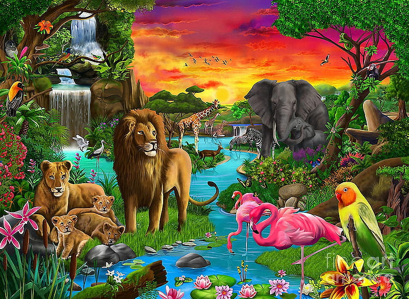 African Paradise, flamingos, elephant, waterfall, parrots, sunset, artwork, lion, HD wallpaper