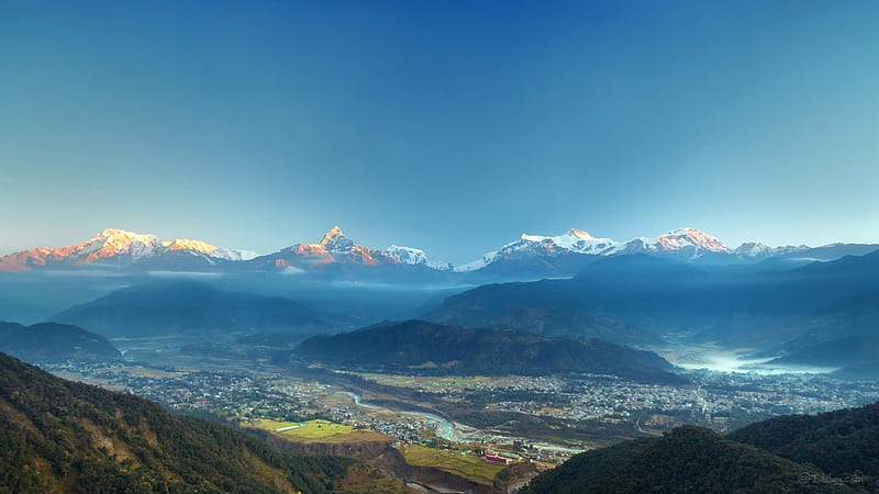 magnificent mountain landscape in nepal r, city, range, snow, mountains, r, sunrise, valley, panorama, HD wallpaper