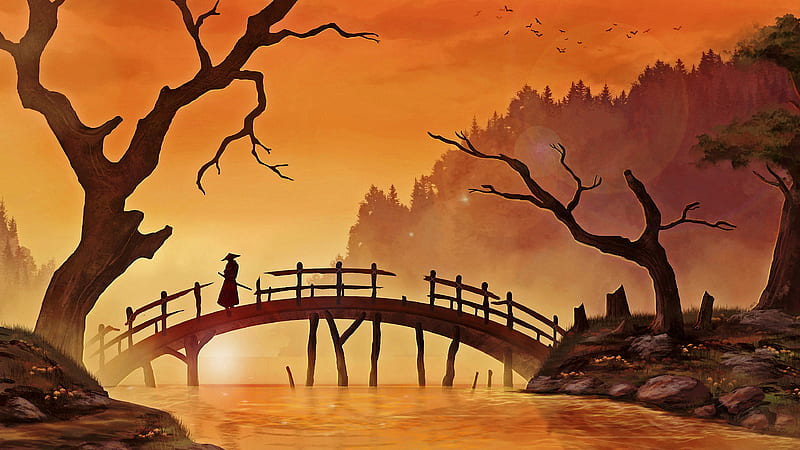 Samurai Bridge , samurai, bridge, artist, artwork, digital-art, HD wallpaper
