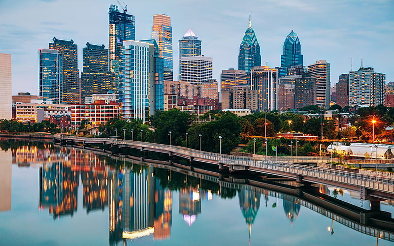 Philadelphia, skyscrapers, modern buildings, evening, sunset, Pennsylvania, USA, HD wallpaper