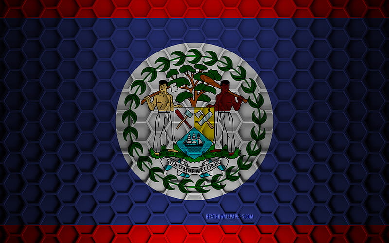 Belize flag, 3d hexagons texture, Belize, 3d texture, Belize 3d flag, metal texture, flag of Belize, HD wallpaper