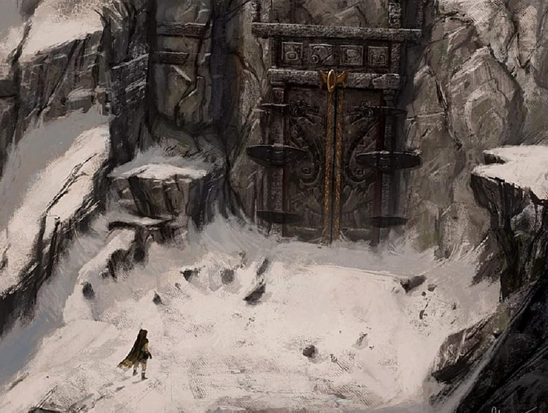 Dread Portal, rocks, fantasy, carvings, footprints, snow, figure, door, HD wallpaper
