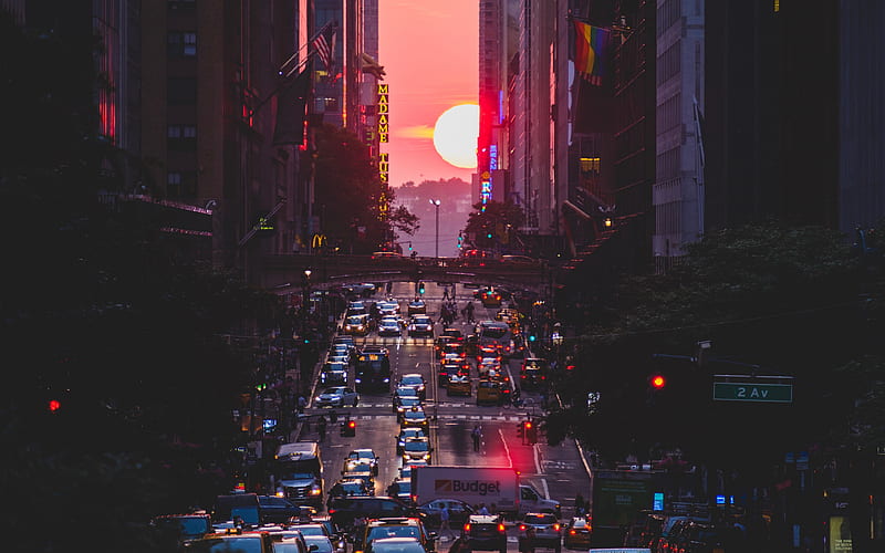 New York, skyscrapers, cityscape, sunset, Manhattan, traffic, streets, metropolis, NYC, USA, HD wallpaper