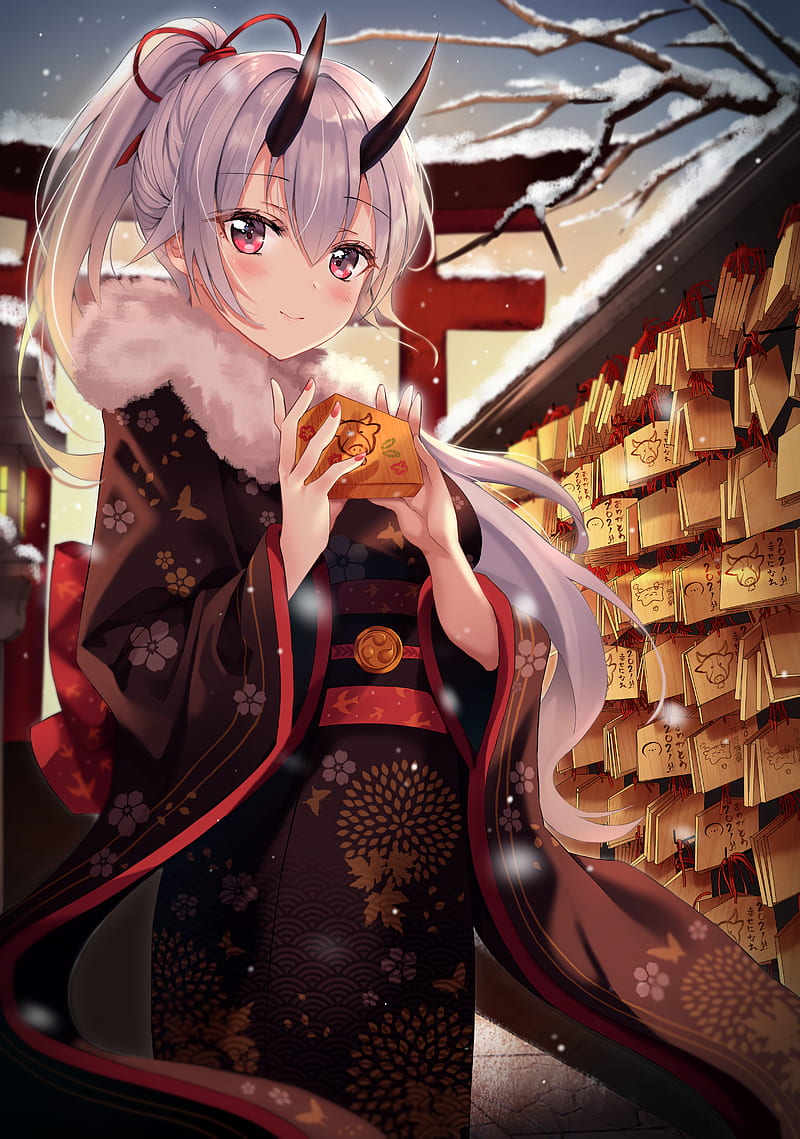 Fate Series, Fate/Grand Order, Tomoe Gozen (Fate/Grand Order), FGO, anime girls, Shaffelli, New Year, torii, snow, Japanese clothes, horns, silver hair, ponytail, red eyes, smiling, HD phone wallpaper