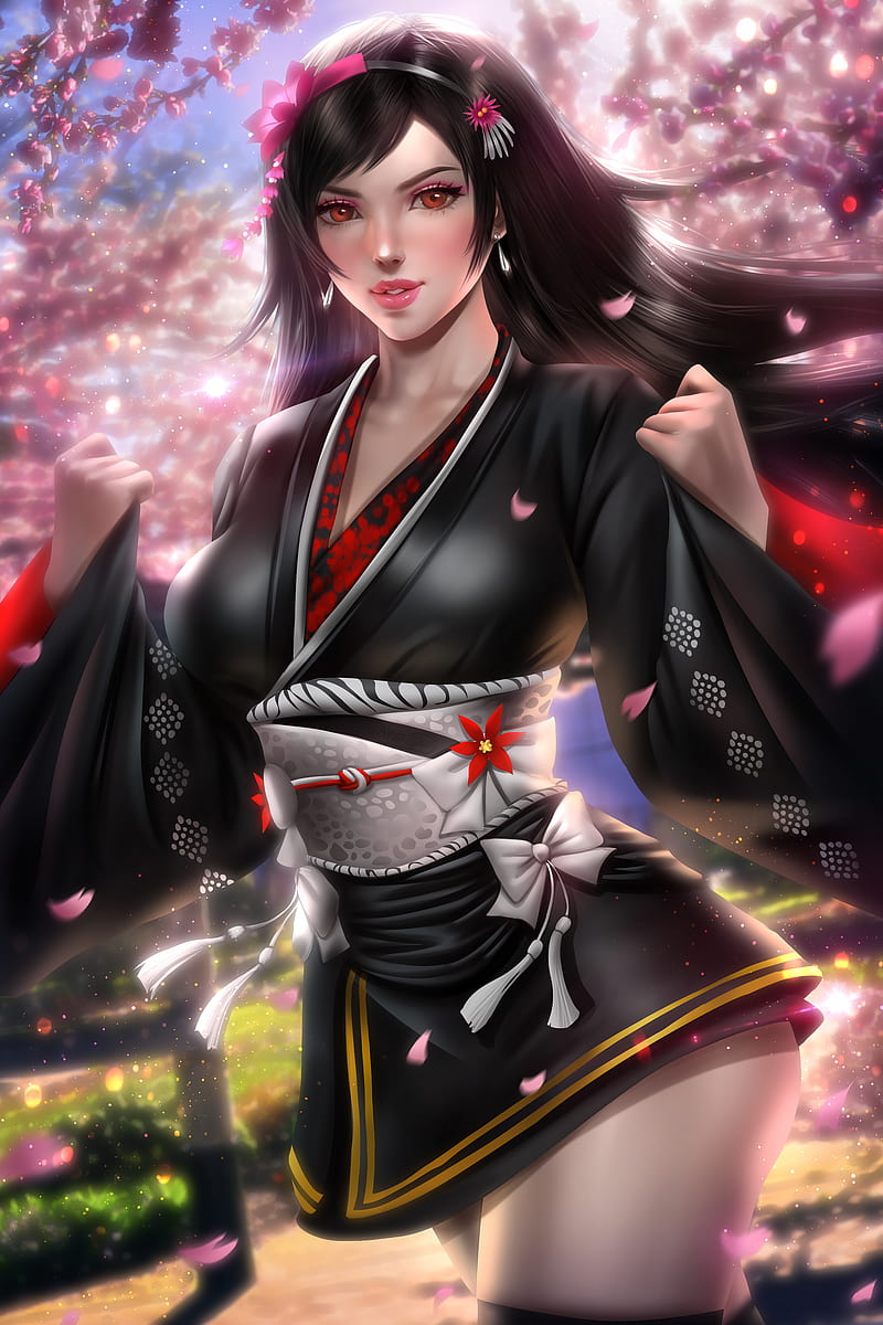 Tifa Lockhart, Final Fantasy, video games, video game girls, fictional character, brunette, long hair, looking at viewer, red eyes, parted lips, headband, hair accessories, flower in hair, kimono, cherry blossom, petals, portrait display, vertical, artwork, drawing, video game characters, illustration, digital art, fan art, AyyaSAP, HD phone wallpaper