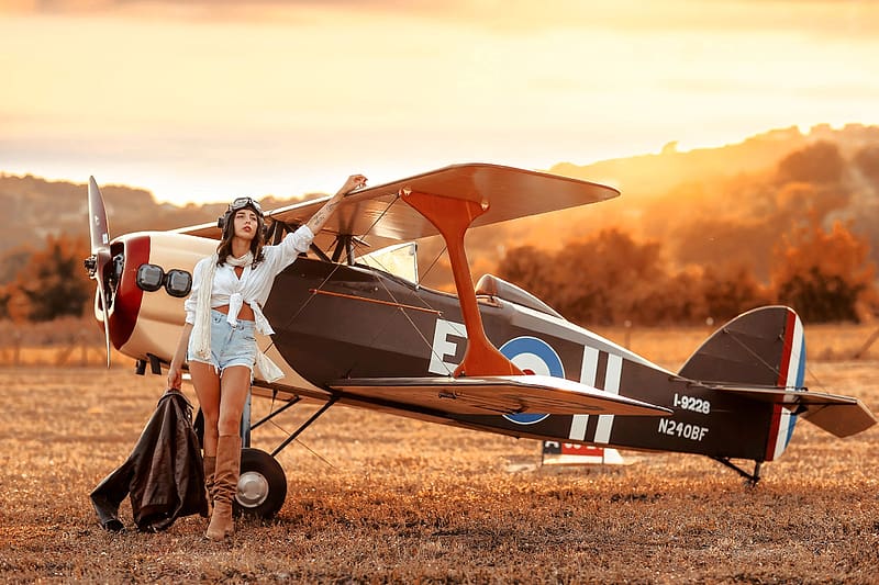 Come fly with Me, bi plane, model, shorts, brunette, HD wallpaper