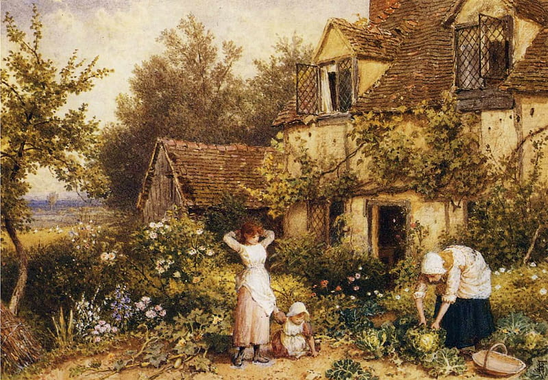 Myles Birket Foster. At the cottage door, art, victorian, cottage, children, garden, HD wallpaper