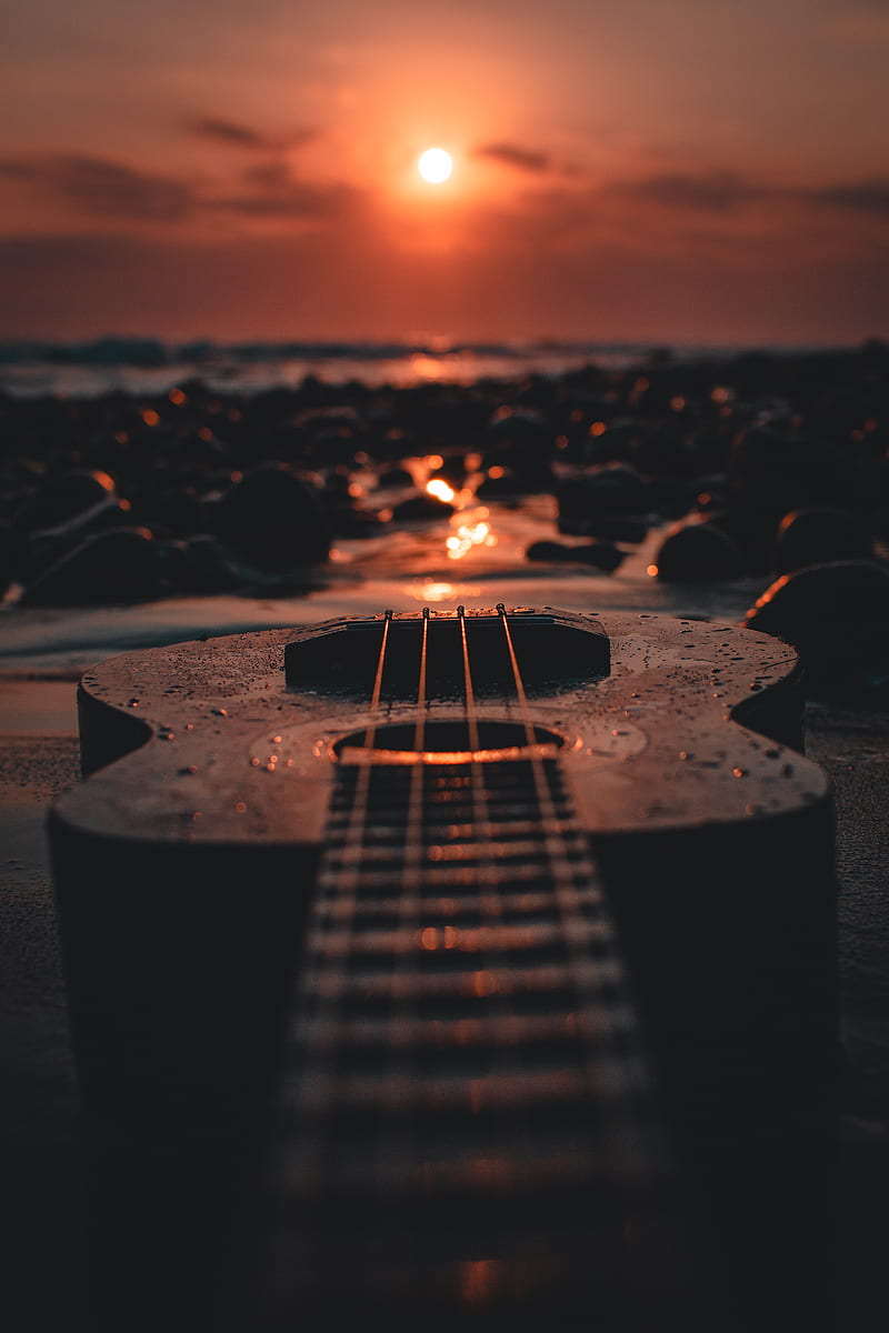 ukulele, guitar, sunset, beach, dusk, HD phone wallpaper