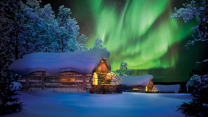 log cabins in winter under aurora borealis r, forest, aurora borealis, r, cabins, night, winter, log, HD wallpaper