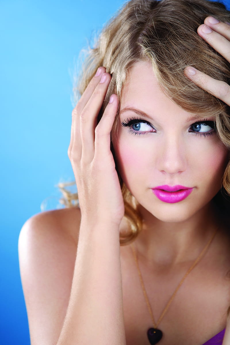 Taylor Swift, women, singer, blonde, blue eyes, hands on head, lipstick, purple lipstick, looking away, long eyelashes, HD phone wallpaper