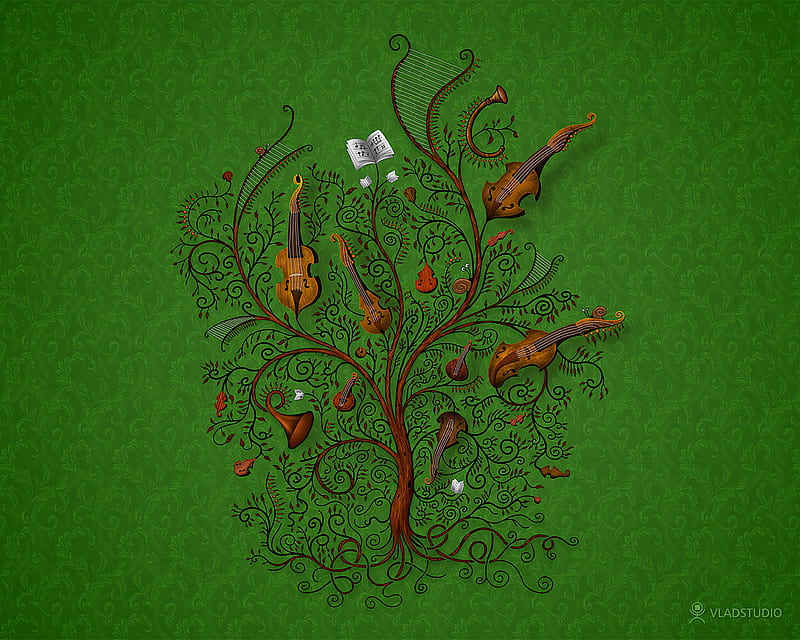 Orchestra, tree, green, music, abstract, HD wallpaper