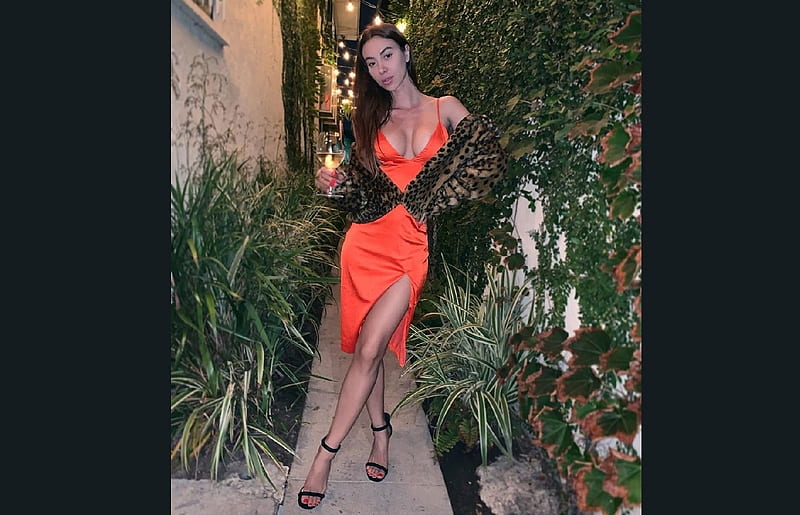Valentina Fradegrada, alley way, red dress, black, holding glass of wine, imitation leopard skin wrap, open thigh, flowers and plants, highs, brunette, evening shot, HD wallpaper