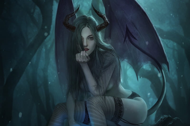 Succubus, demon, wings, fantasy, girl, luminos, dark, HD wallpaper
