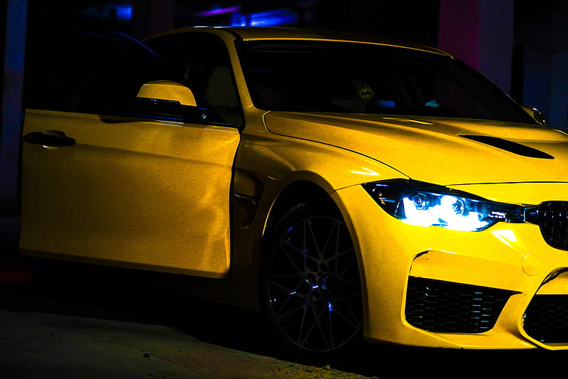 BMW SideView, bmw, car, headlamps, headlights, motor, yellow, HD wallpaper