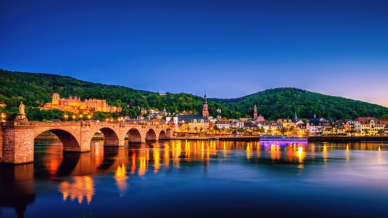 Night Town Heidelberg Neckar River Germany Bing, HD wallpaper