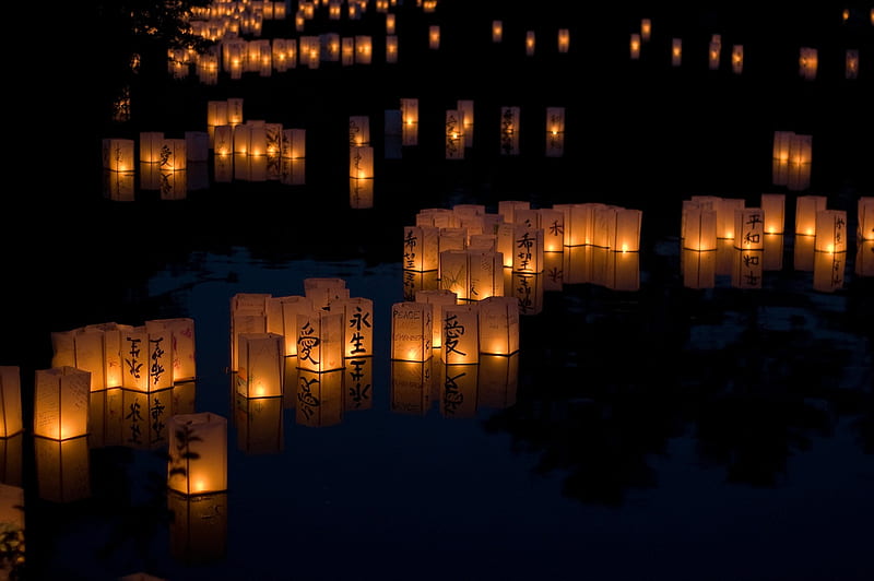 Toro Nagashi, lanterns, water, floating, light, HD wallpaper
