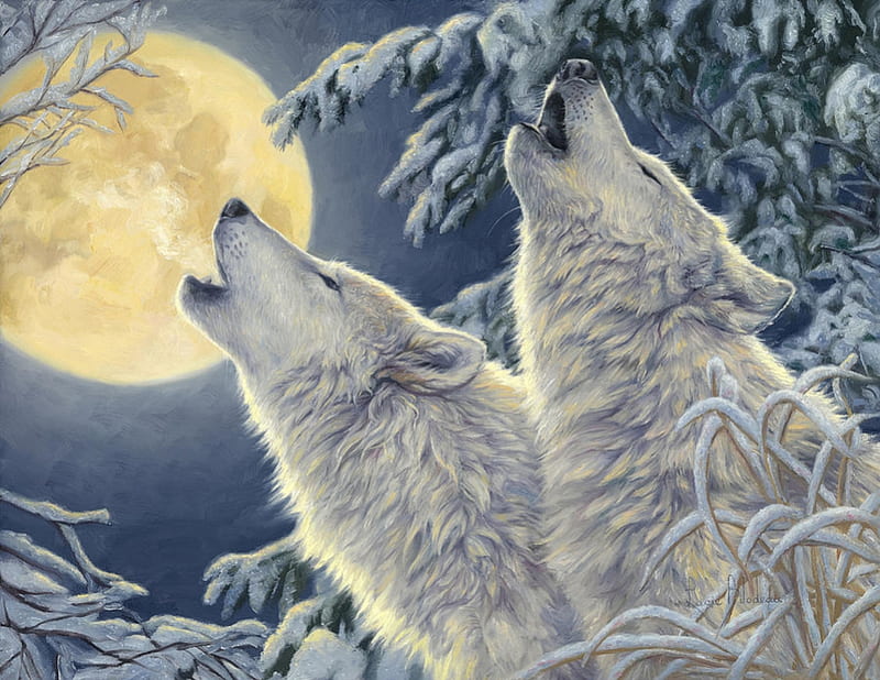 Moonlight, art, moon, moon, lup, painting, wolf, pictura, lucie bilodeau, HD wallpaper