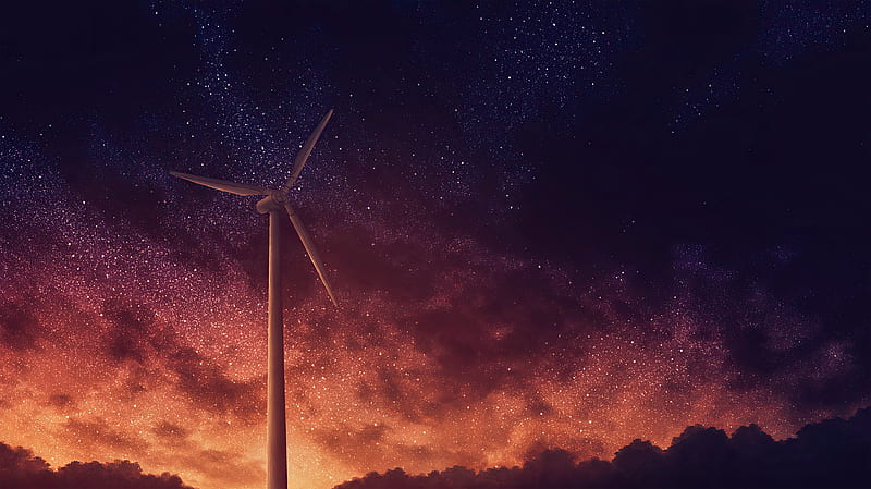 Wind Turbine Stars Night Art , wind-turbines, artist, artwork, digital-art, HD wallpaper