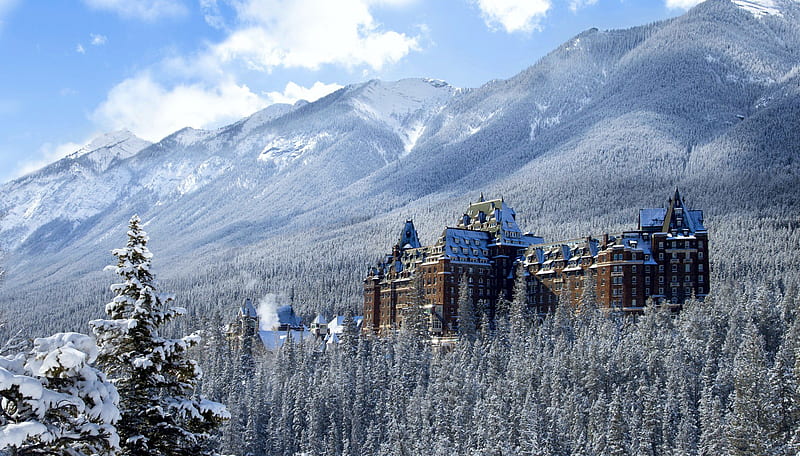 Banff Springs Hotel, Lake Louise, Alberta, snow, nature, national Park, winter, canada, HD wallpaper