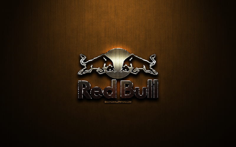 Red Bull glitter logo, creative, bronze metal background, Red Bull logo, brands, Red Bull, HD wallpaper