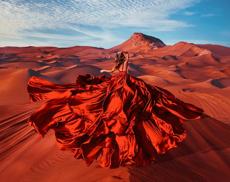 Escaping to the Desert, Flowing, Sand, Hair, Red Dress, Desert, Dunes, Mood, Woman, bonito, HD wallpaper
