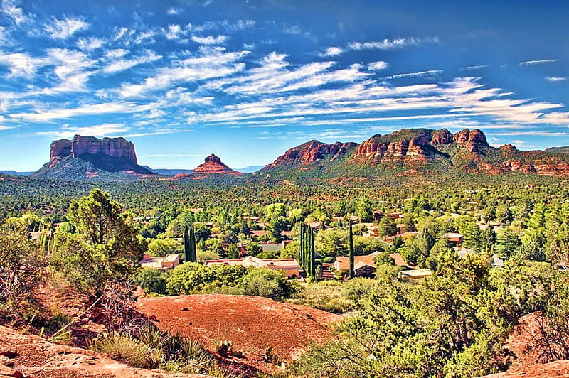 Courthouse Butte and Bell Rock, South Sedona, Arizona, desert, usa, mountains, sky, landscape, HD wallpaper